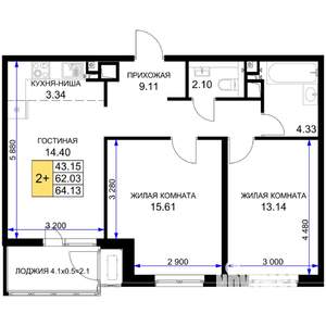 2-к квартира, вторичка, 64м2, 4/16 этаж