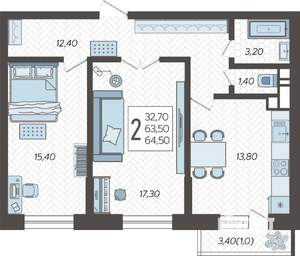 2-к квартира, строящийся дом, 66м2, 1/12 этаж