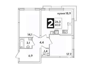 2-к квартира, вторичка, 61м2, 14/16 этаж