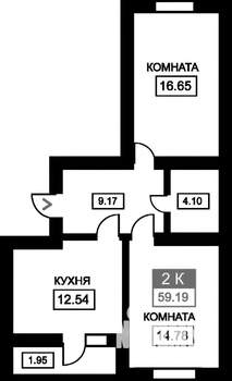 2-к квартира, вторичка, 58м2, 8/9 этаж