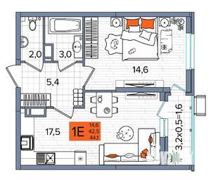 1-к квартира, сданный дом, 44м2, 16/16 этаж