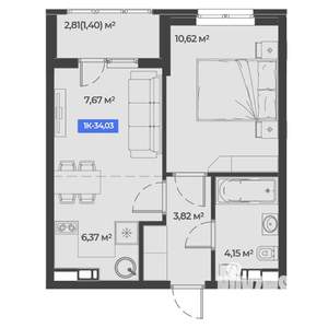 1-к квартира, строящийся дом, 34м2, 2/5 этаж