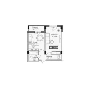 1-к квартира, вторичка, 34м2, 1/9 этаж