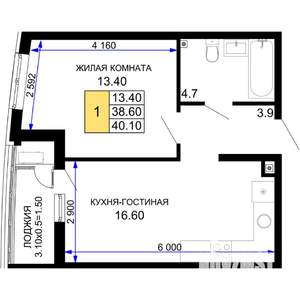 1-к квартира, строящийся дом, 40м2, 2/18 этаж
