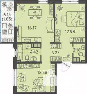 2-к квартира, вторичка, 55м2, 3/9 этаж