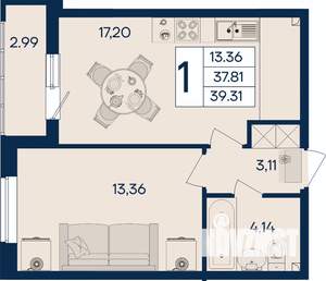 1-к квартира, вторичка, 39м2, 2/18 этаж