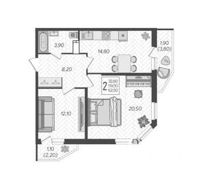 2-к квартира, вторичка, 63м2, 2/16 этаж