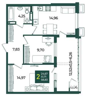 2-к квартира, вторичка, 59м2, 9/18 этаж