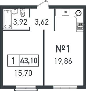1-к квартира, строящийся дом, 43м2, 1/3 этаж