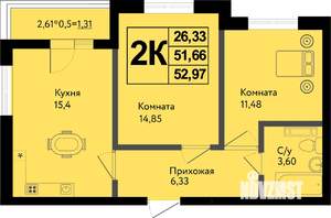 2-к квартира, вторичка, 53м2, 8/12 этаж