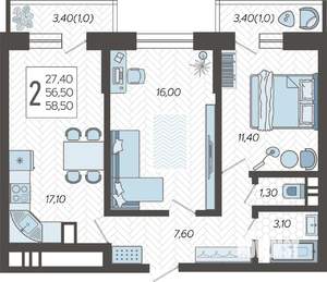 2-к квартира, строящийся дом, 60м2, 1/12 этаж