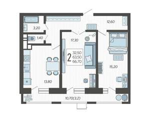 2-к квартира, сданный дом, 67м2, 4/12 этаж