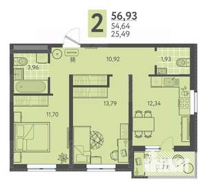 2-к квартира, вторичка, 57м2, 2/18 этаж