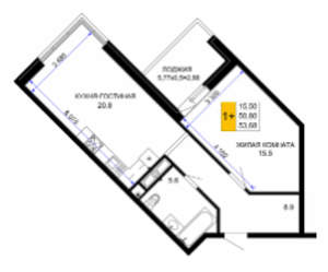 1-к квартира, вторичка, 60м2, 11/12 этаж