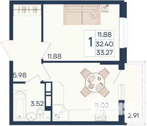 1-к квартира, вторичка, 33м2, 3/18 этаж