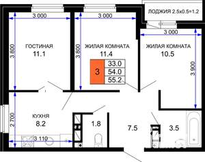 3-к квартира, строящийся дом, 55м2, 15/16 этаж