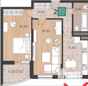 2-к квартира, вторичка, 61м2, 2/18 этаж