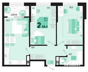 2-к квартира, вторичка, 58м2, 6/18 этаж