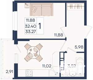 1-к квартира, вторичка, 33м2, 15/18 этаж