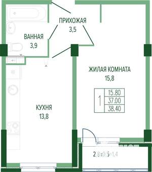 1-к квартира, сданный дом, 39м2, 2/7 этаж