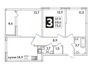 3-к квартира, вторичка, 73м2, 7/16 этаж