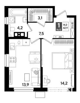 1-к квартира, вторичка, 43м2, 9/19 этаж