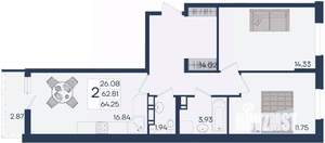 2-к квартира, вторичка, 64м2, 9/18 этаж