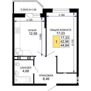 1-к квартира, вторичка, 45м2, 6/19 этаж