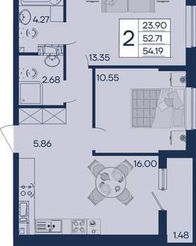 2-к квартира, вторичка, 54м2, 7/18 этаж
