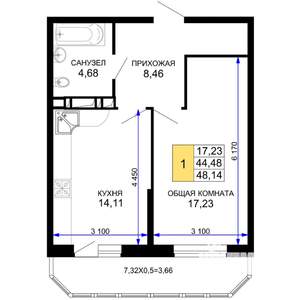 1-к квартира, вторичка, 48м2, 9/19 этаж