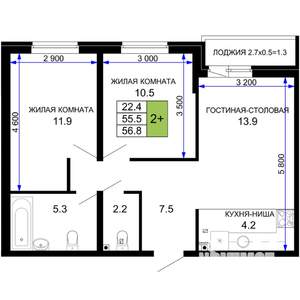 2-к квартира, вторичка, 57м2, 2/16 этаж