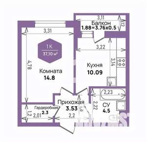 1-к квартира, вторичка, 37м2, 2/24 этаж