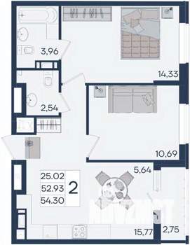 2-к квартира, вторичка, 54м2, 14/18 этаж