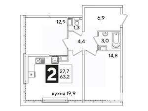 2-к квартира, вторичка, 63м2, 16/16 этаж