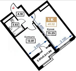 1-к квартира, вторичка, 41м2, 6/21 этаж