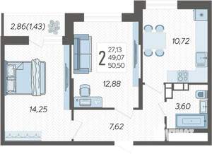 2-к квартира, вторичка, 51м2, 14/19 этаж