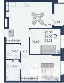 2-к квартира, вторичка, 55м2, 9/18 этаж
