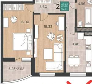 2-к квартира, вторичка, 61м2, 2/17 этаж