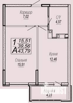 1-к квартира, вторичка, 44м2, 6/16 этаж