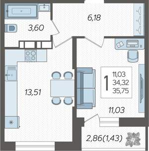 1-к квартира, вторичка, 36м2, 18/19 этаж