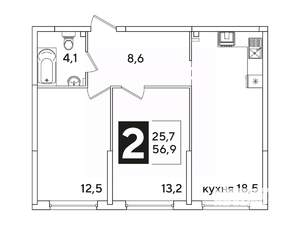 2-к квартира, вторичка, 57м2, 1/16 этаж