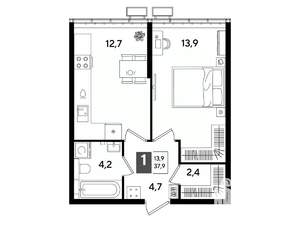 1-к квартира, строящийся дом, 38м2, 2/16 этаж
