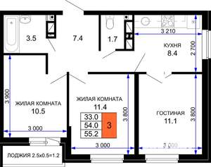 3-к квартира, строящийся дом, 55м2, 16/16 этаж