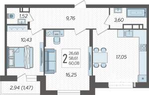 2-к квартира, вторичка, 60м2, 6/19 этаж