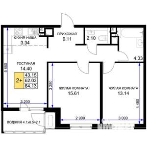 2-к квартира, вторичка, 64м2, 12/16 этаж