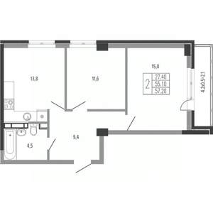 2-к квартира, вторичка, 59м2, 7/15 этаж