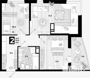 2-к квартира, вторичка, 60м2, 12/16 этаж