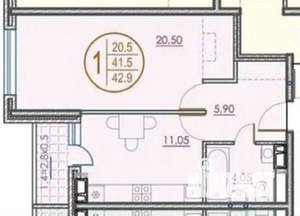 1-к квартира, сданный дом, 43м2, 5/25 этаж