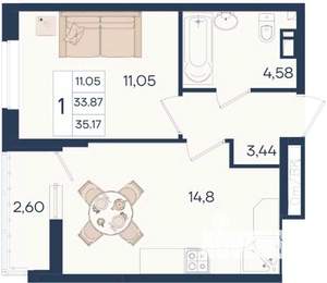 1-к квартира, вторичка, 35м2, 6/18 этаж
