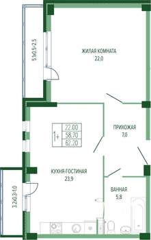 1-к квартира, вторичка, 63м2, 1/7 этаж